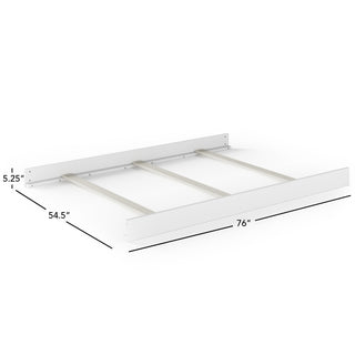 The Child Craft F06454 Full-Size Bed Rails in matte white are a wooden bed frame foundation with three horizontal support beams, built for full-size rails or crib conversion kits. Dimensions: 76"L x 54.5"W x 5.25"H; minimalist style.