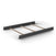 The Child Craft F06454 Full-Size Bed Rails in Cool Gray are shown on a white background, designed to pair seamlessly with a minimalist black and wood bed frame featuring solid black panels and three light wood slats across the middle.