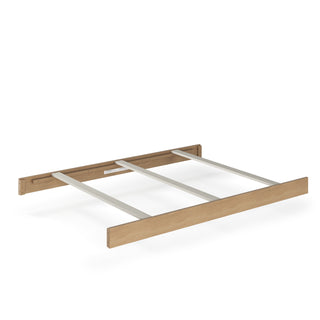 The Child Craft F06464 Full-Size Bed Rail in Nutmeg is a wooden bed frame with side rails, three metal supports, and matching headboard and footboard, shown with full-size rails for easy crib conversion on a white background.