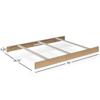 The Child Craft F06464 Full-Size Bed Rail in Nutmeg features a wooden frame with three metal support slats, ideal for crib conversion kits or full-size bed rails. Measures 76"L x 54.75"W x 5.25"H; dimensions shown in black lines and text.