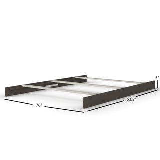 A Child Craft F06474 Full-Size Bed Frame in Dapper Gray with dark sides, sturdy metal beams, and dimensions 76"L x 53.5"W x 5"H—ideal for use with compatible Child Craft bed rails.