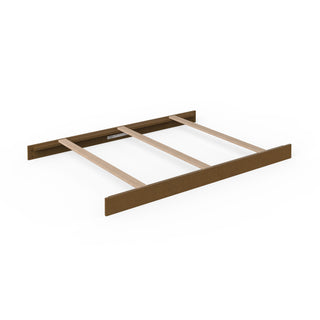 The Child Craft F06474 Full-Size Bed Rails in Cocoa Bean are shown unassembled on a white background, featuring four horizontal slats and two side rails. Compatible with full-size bed rails or convertible cribs; mattress and headboard not included.