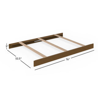 The Child Craft F06474 Full-Size Bed Rails in Cocoa Bean have horizontal slats and side panels, measure 5"H x 53.5"W x 76"L, and are ideal for converting a convertible crib to a full-size bed.