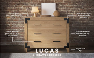 A Child Craft Lucas Dresser, Nutmeg, with three roomy drawers stands by a brick wall. Features include spacious storage, metal pulls, metal bracket accents, modern nutmeg finish, and angled legs. Text: LUCAS 3-Drawer Dresser.