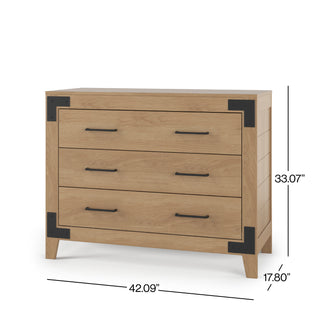 The Child Craft Lucas Dresser in Nutmeg features three drawers, black metal handles and corner accents, and measures 42.09"W x 33.07"H x 17.80"D.