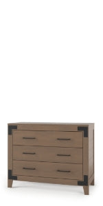 The Child Craft Lucas Dresser in Dusty Heather features three drawers with black metal handles and corner accents, displayed against a plain white background.