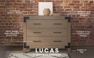 The Child Craft Lucas Dresser in Dusty Heather, featuring three large drawers with dark bronze pulls and metal bracket accents, stands against a brick wall. Text highlights its angled cut legs and two available finishes.