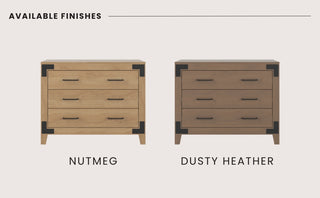 Two Lucas Dressers by Child Craft are displayed side by side; the left one features a lighter Nutmeg finish, while the right one is in the darker Dusty Heather finish. Both have black metal accents for a modern touch.