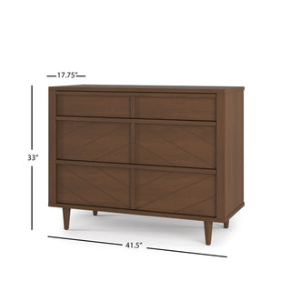 The Child Craft Surrey Hill 3 Drawer Dresser in Toasted Chestnut features a mid-century modern design with angled legs, chevron-patterned fronts, and measures 33"H x 41.5"W x 17.75"D.