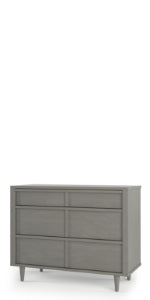 The Child Craft Surrey Hill 3 Drawer Dresser in Lunar Gray features modern lines and short tapered legs, offering stylish organization for your nursery—shown here against a white background.