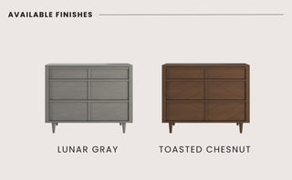 Two dressers are side by side. On the left, the Child Craft Surrey Hill 3 Drawer Dresser is shown in Lunar Gray. On the right, the diamond pattern dresser appears in a Toasted Chesnut finish. Text above reads: Available Finishes.