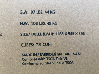 Cardboard box for Child Craft Surrey Hill 4-in-1 Convertible Crib, Lunar Gray shows weight (G.W: 97 lbs/44 kg, N.W: 108 lbs/49 kg), size (1165 x 545 x 355 mm), 7.9 cu ft, compliance info, English/French, Made in Vietnam.