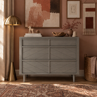 Lunar Gray Surrey Hill 3 Drawer Dresser with a geometric diamond pattern, three drawers, and tapered legs.