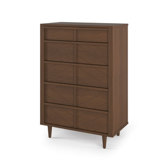 The Child Craft Surrey Hill 5 Drawer Chest in Toasted Chestnut features a mid-century modern design with angled legs and geometric drawer fronts, displayed against a white background.