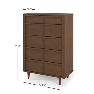 The Surrey Hill 5 Drawer Chest by Child Craft in Toasted Chestnut features angled legs, geometric drawer fronts, and measures 44.25"H x 30.5"W x 54.25"D.