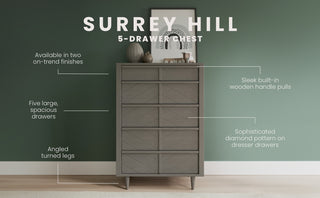 The Child Craft Surrey Hill 5 Drawer Chest in Lunar Gray features angled legs, diamond-patterned fronts, and sleek wooden pulls, making it a modern accent against a green wall, topped with framed art, plants, and vases. Key features are highlighted in text.