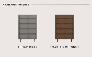 The image shows two tall dressers, including the Child Craft Surrey Hill 5 Drawer Chest in a warm Toasted Chestnut finish, both featuring simple, modern designs.