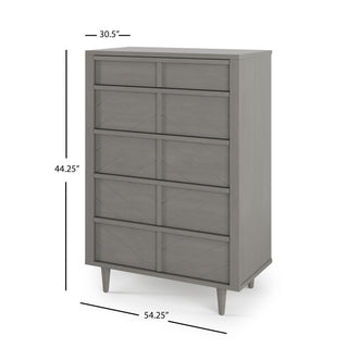 The Child Craft Surrey Hill 5 Drawer Chest in Lunar Gray features a tall wood design with five drawers, angled legs, and dimensions of 44.25"H x 30.5"W x 54.25"D.