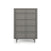 The Child Craft Surrey Hill 5 Drawer Chest in Lunar Gray features a modern design with a chevron drawer pattern and tapered legs, displayed against a plain white background.