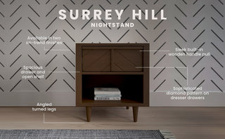 The Child Craft Surrey Hill Nightstand in Toasted Chestnut features angled legs, a spacious drawer with a diamond pattern front, and an open shelf for books, set against a geometric wallpaper backdrop.