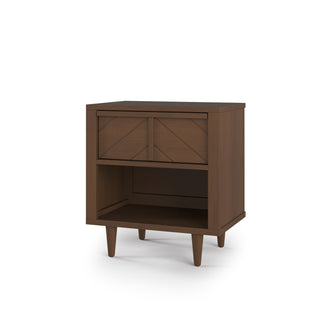 The Child Craft Surrey Hill Nightstand in Toasted Chestnut features angled legs, a geometric single drawer, and an open lower shelf, all shown against a white background.