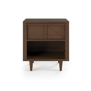 The Surrey Hill Nightstand by Child Craft features a single drawer with a geometric pattern, an open lower shelf, and four tapered legs. Finished in toasted chestnut, this wooden piece adds warm style to any room.