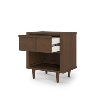 The Surrey Hill Nightstand by Child Craft features angled legs, one upper drawer revealing slides, and an open lower shelf, all in a toasted chestnut finish.