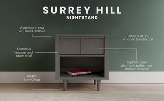 The Surrey Hill Nightstand by Child Craft in Lunar Gray features angled legs, an open shelf for books, a spacious drawer with a built-in wooden handle, and a diamond pattern on the drawer front for a stylish, modern look.