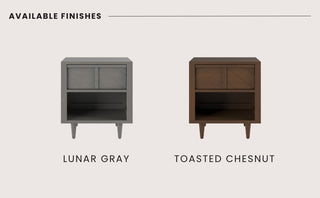 Two Surrey Hill Nightstands by Child Craft are shown side by side: one in Lunar Gray and one in Toasted Chestnut, each featuring angled legs, a cabinet door, and an open shelf below.