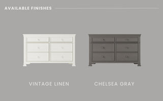 Two dressers side by side on a gray background: left is a white Vintage Linen pine dresser, right is a dark gray Child Craft Westgate Double Dresser in Chelsea Gray. Text above reads "Available Finishes.