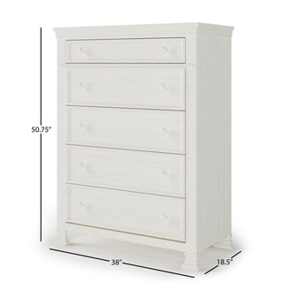 The Child Craft Westgate 5-Drawer Chest in Vintage Linen features round knobs and decorative feet, measuring 50.75"H x 38"W x 18.5"D—ideal for use as a nursery dresser or elegant bedroom storage solution.