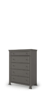 The Child Craft Westgate 5-Drawer Chest in Chelsea Gray features round knobs and slightly flared feet, crafted from wood, and is displayed against a plain white background.