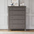 The Child Craft Westgate 5-Drawer Chest in Chelsea Gray stands against a white paneled wall, topped with a framed abstract art piece, decorative vase, and two glass lanterns. A light rug is partially visible on the hardwood floor.