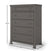 The Child Craft Westgate 5-Drawer Chest in Chelsea Gray features a dark gray finish, five drawers with round knobs, and decorative feet. Dimensions: 50.75