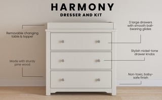 The Child Craft Harmony 3-Drawer Dresser with Changing Table Topper in Brushed Cotton offers smooth-gliding drawers, nickel-tone knobs, sturdy pine wood, and a non-toxic finish—ideal nursery furniture for your little one.