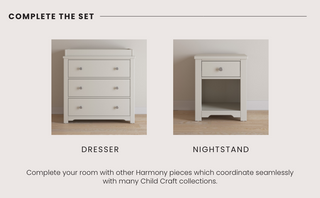 Two white Child Craft Harmony pieces on a light wood floor: a 3-drawer dresser with changing table topper (Brushed Cotton) on the left, and a single-drawer nightstand with open shelf on the right. Text below highlights matching collections.