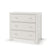 The Child Craft Harmony 3-Drawer Dresser with Changing Table Topper in Brushed Cotton features simple lines and round silver knobs, making it perfect nursery storage, shown on short legs against a plain white background.