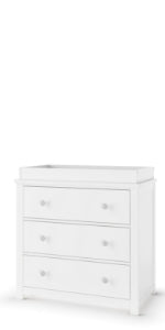 The Child Craft Harmony 3-Drawer Dresser with Changing Table Topper in matte white features a simple, classic design and round knobs—perfect for nursery storage. Shown standing alone against a plain white background.
