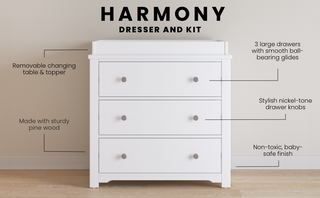 The Child Craft Harmony 3-Drawer Dresser with Changing Table Topper in Matte White features spacious drawers, nickel-tone knobs, sturdy pine wood, smooth glides, nursery storage, a non-toxic finish, and baby-safe materials.