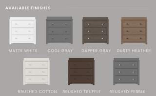 The Child Craft Harmony 3-Drawer Dresser with Changing Table Topper in Brushed Truffle is showcased among eight finishes—matte white, cool gray, dapper gray, dusty heather, brushed cotton, truffle and pebble—on a light gray backdrop.