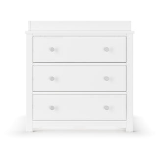The Child Craft Harmony 3-Drawer Dresser with Changing Table Topper in matte white features a minimalistic, modern design and simple round knobs—ideal nursery storage for a clean, contemporary look.