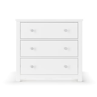 The Child Craft Harmony 3-Drawer Dresser with Changing Table Topper in matte white features simple round handles and is perfect for nursery storage, shown standing on a plain white background.