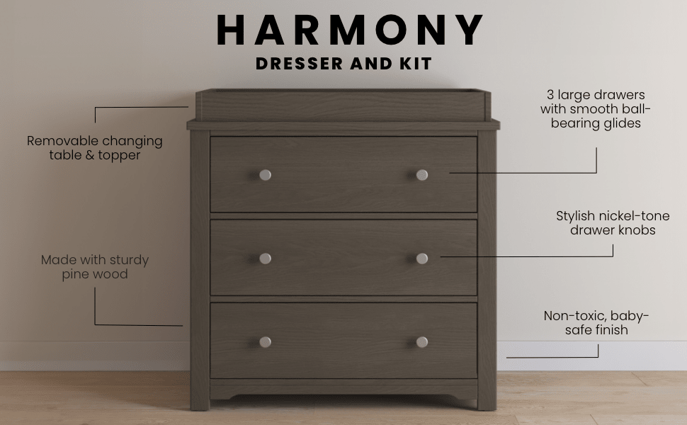 Child Craft Harmony 3-Drawer Dresser with Dressing Kit - Dapper Gray Child Craft Harmony 3-Drawer Dresser with Dressing Kit - Dapper Gray