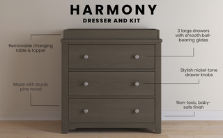 The Child Craft Harmony 3-Drawer Dresser with Changing Table Topper in Dapper Gray features sturdy pine wood, a non-toxic finish, baby-safe materials, ball-bearing glides, three drawers, nickel-tone knobs, and a removable changing table.
