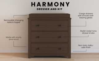 The Child Craft Harmony 3-Drawer Dresser with Changing Table Topper in Brushed Truffle features sturdy pine, nickel-tone knobs, ball-bearing glides, removable topper, and a non-toxic baby-safe finish.