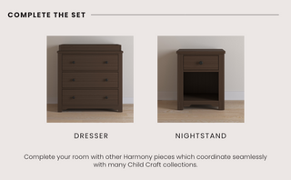 The image shows two pieces of dark wood: the Child Craft Harmony 3-Drawer Dresser with Changing Table Topper (Brushed Truffle) on the left and a coordinating nightstand on the right, designed to match other Child Craft collections.