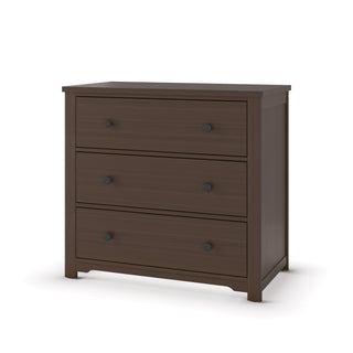 The Child Craft Harmony 3-Drawer Dresser with Changing Table Topper in Brushed Truffle features a simple, modern design with three drawers, each with two round black knobs, and is shown against a white background.
