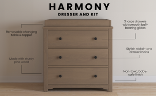 The Child Craft Harmony 3-Drawer Dresser with Changing Table Topper in Dusty Heather features sturdy pine wood, a removable topper, smooth ball-bearing glides, nickel-tone knobs, and a non-toxic baby-safe finish.