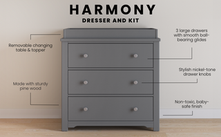 The Child Craft Harmony 3-Drawer Dresser with Changing Table Topper in Cool Gray features sturdy pine construction, smooth ball-bearing glides, non-toxic finish, and nickel-tone knobs—stylish, functional nursery furniture.