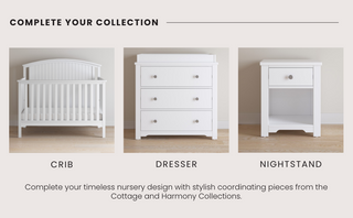 The Child Craft Harmony 3-Drawer Dresser with Changing Table Topper in matte white is shown alongside a crib and single-drawer nightstand, displayed on a wood floor against a light beige wall for stylish nursery storage.